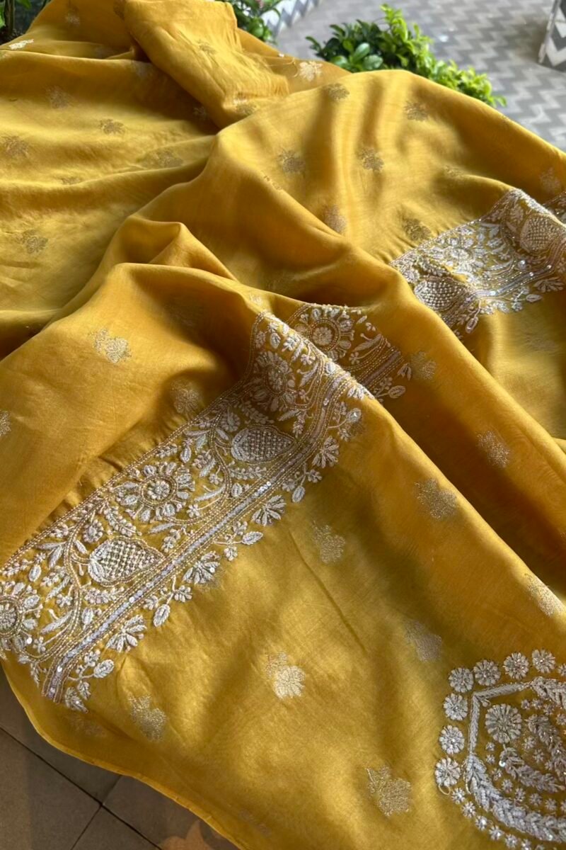 Yellow Banarasi Zari Chanderi Chikankari Unstitched Kurta Dupatta Fabric Set