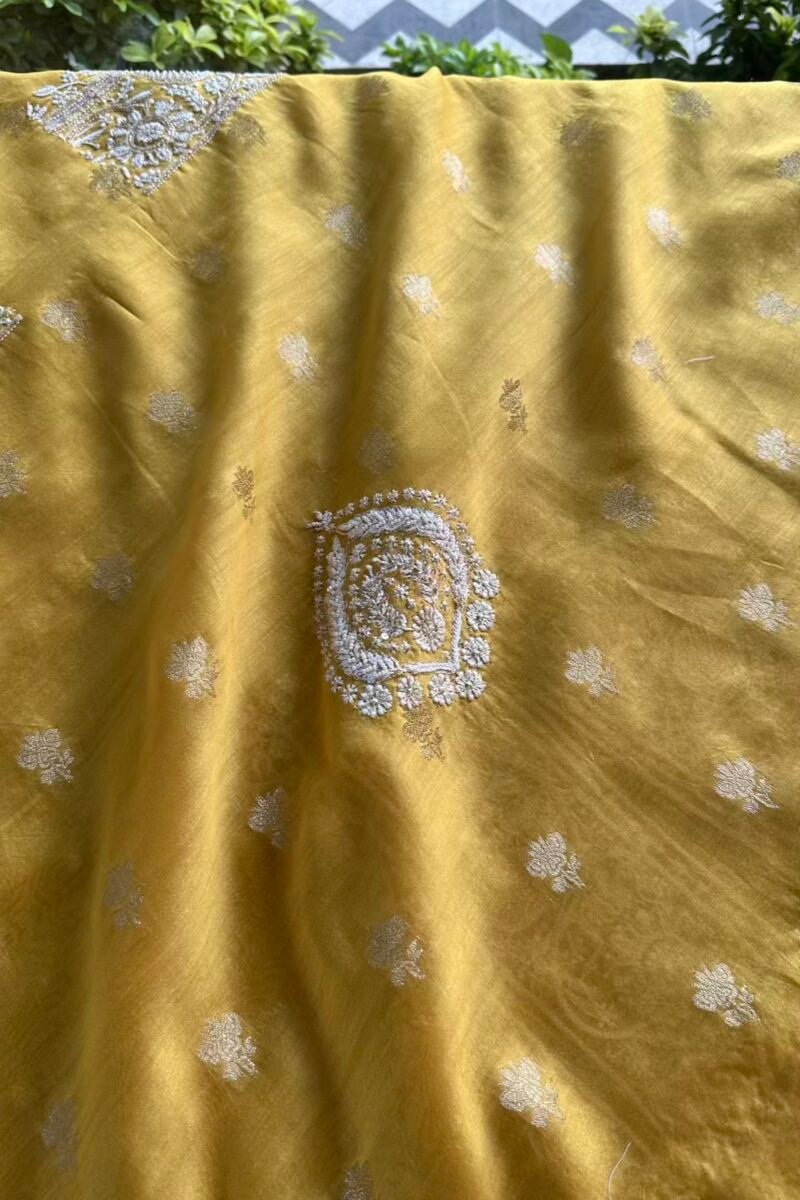 Yellow Banarasi Zari Chanderi Chikankari Unstitched Kurta Dupatta Fabric Set