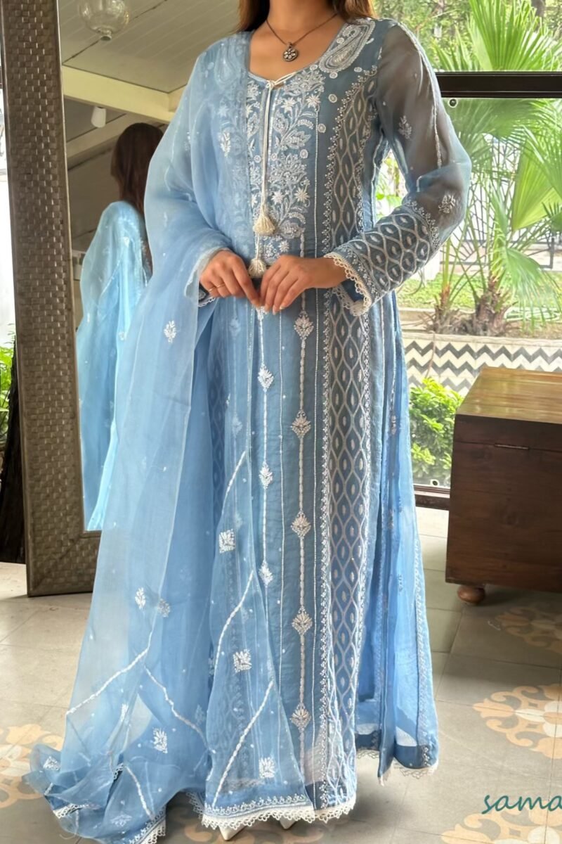 Powder Blue Shade Noor Organza Chikankari Anarkali With Dupatta