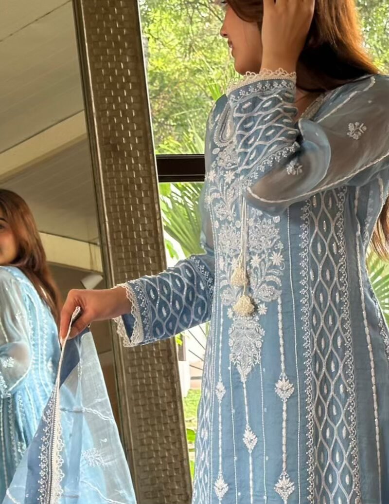 Powder Blue Shade Noor Organza Chikankari Anarkali With Dupatta