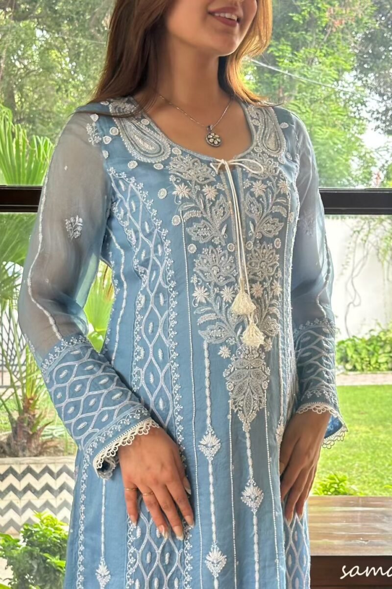 Powder Blue Shade Noor Organza Chikankari Anarkali With Dupatta