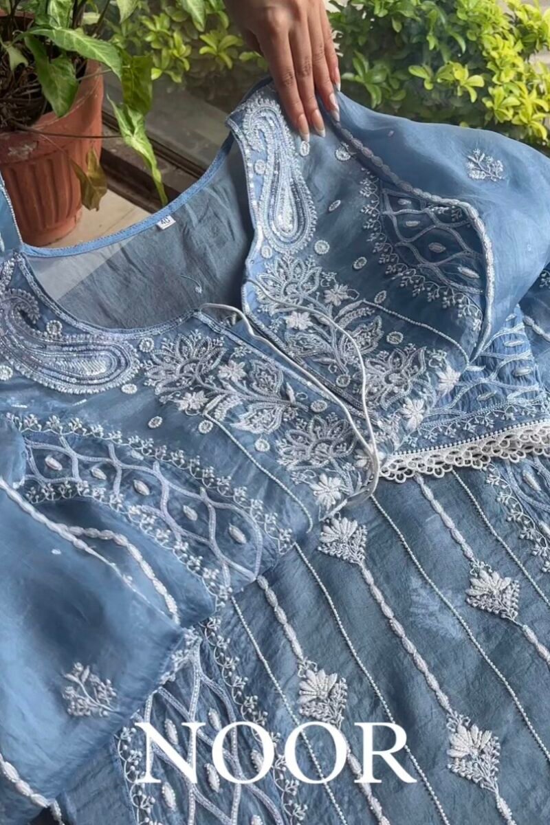 Powder Blue Shade Noor Organza Chikankari Anarkali With Dupatta
