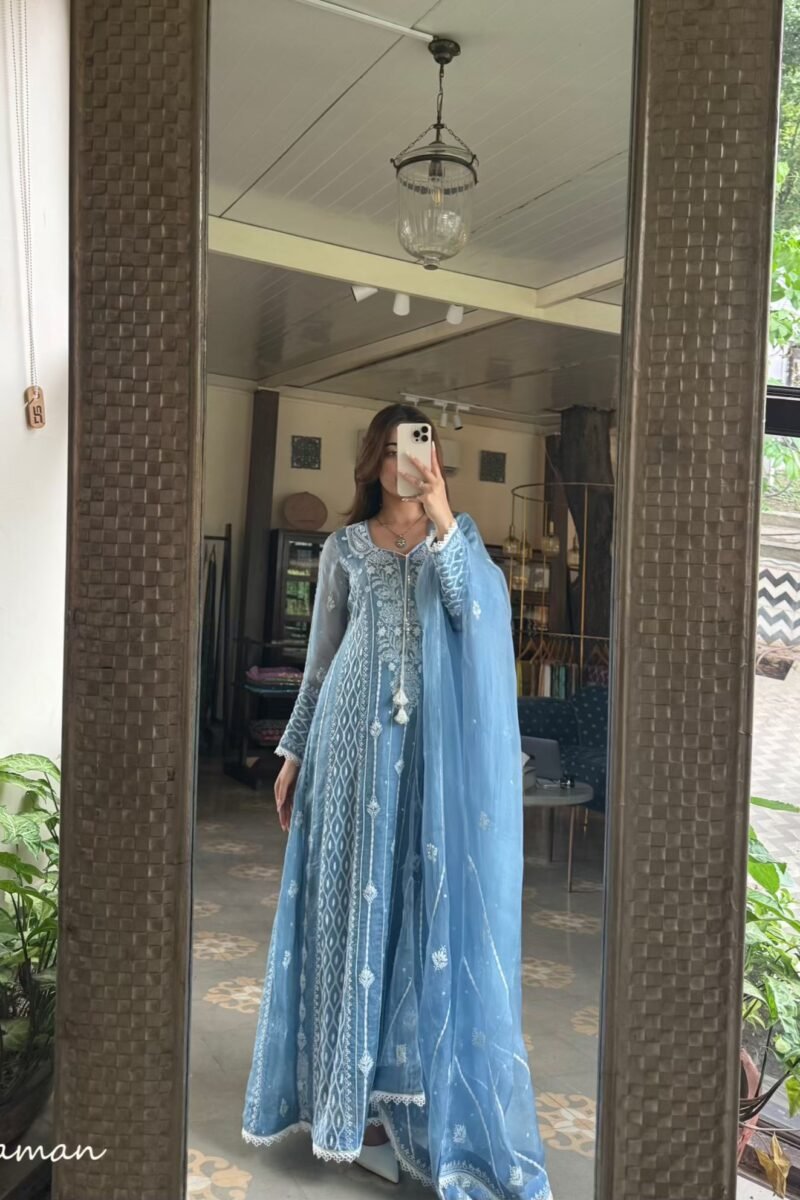 Powder Blue Shade Noor Organza Chikankari Anarkali With Dupatta