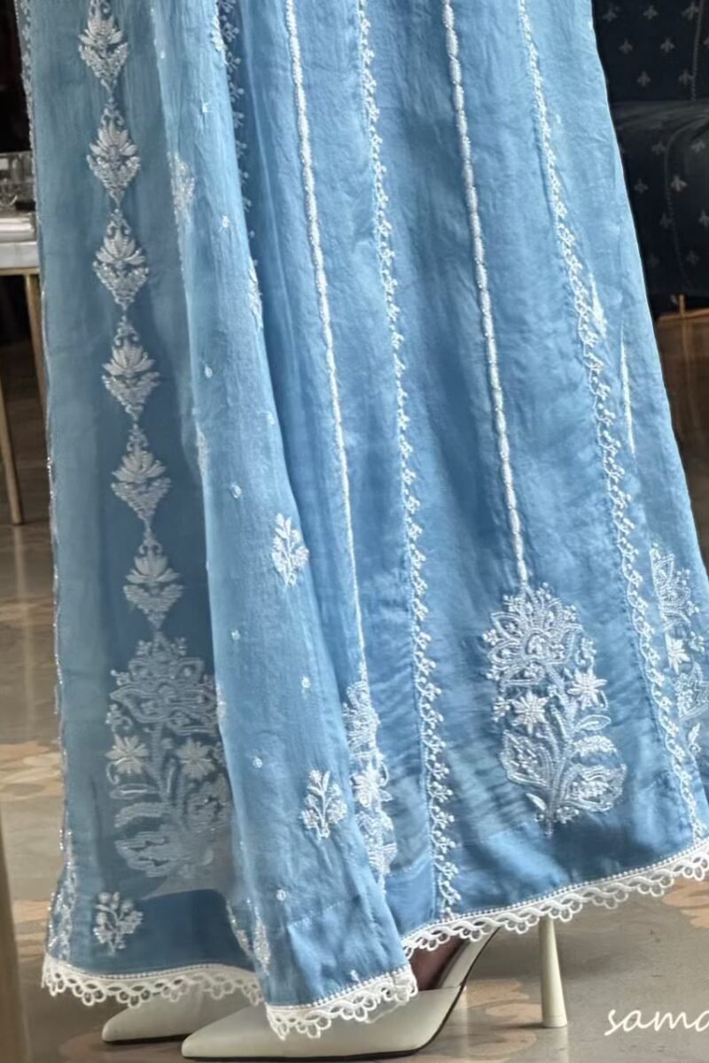 Powder Blue Shade Noor Organza Chikankari Anarkali With Dupatta