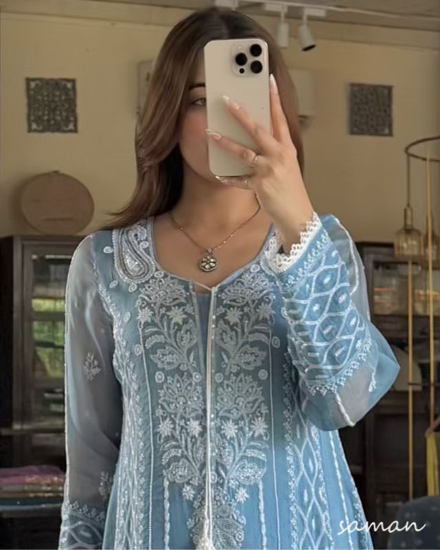 Powder Blue Shade Noor Organza Chikankari Anarkali With Dupatta