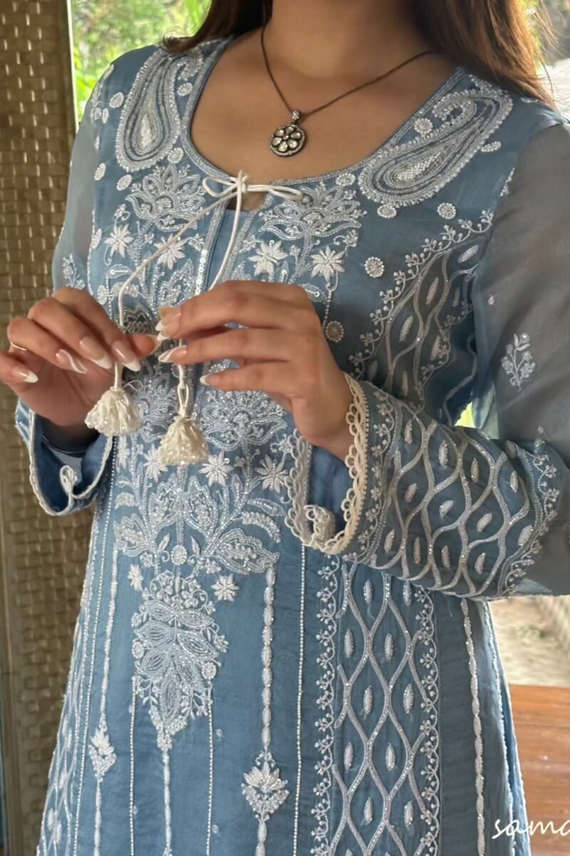 Powder Blue Shade Noor Organza Chikankari Anarkali With Dupatta
