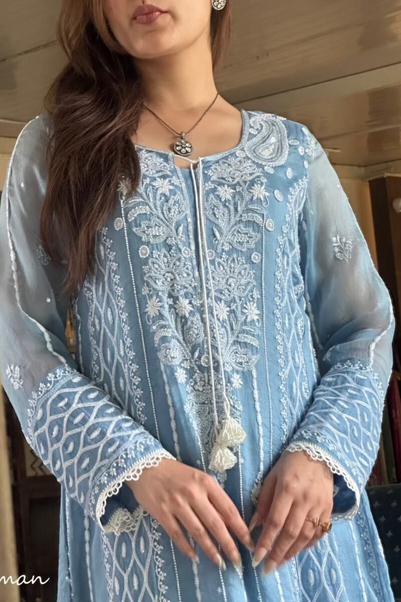 Powder Blue Shade Noor Organza Chikankari Anarkali With Dupatta