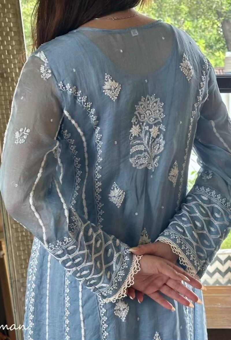 Powder Blue Shade Noor Organza Chikankari Anarkali With Dupatta