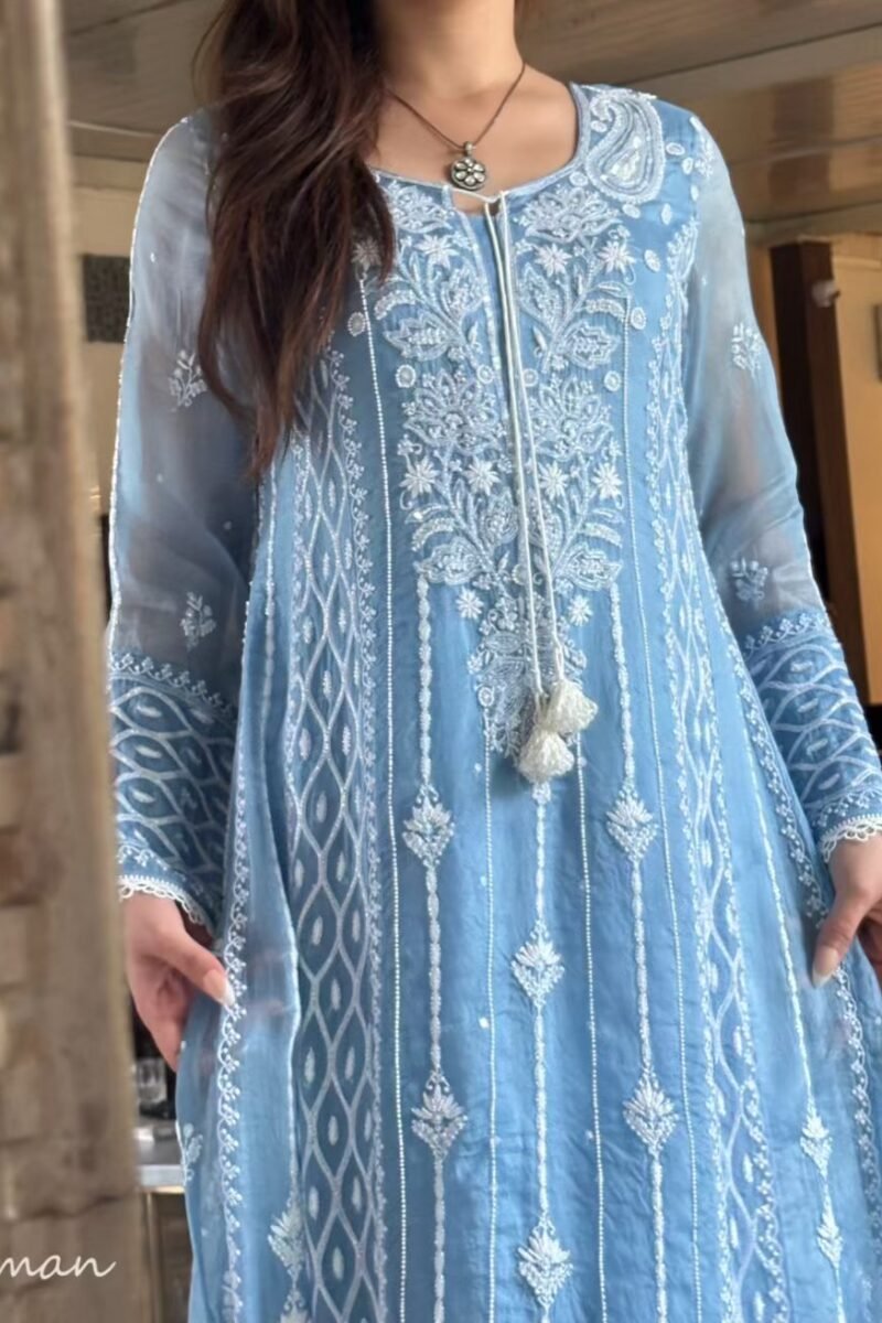 Powder Blue Shade Noor Organza Chikankari Anarkali With Dupatta