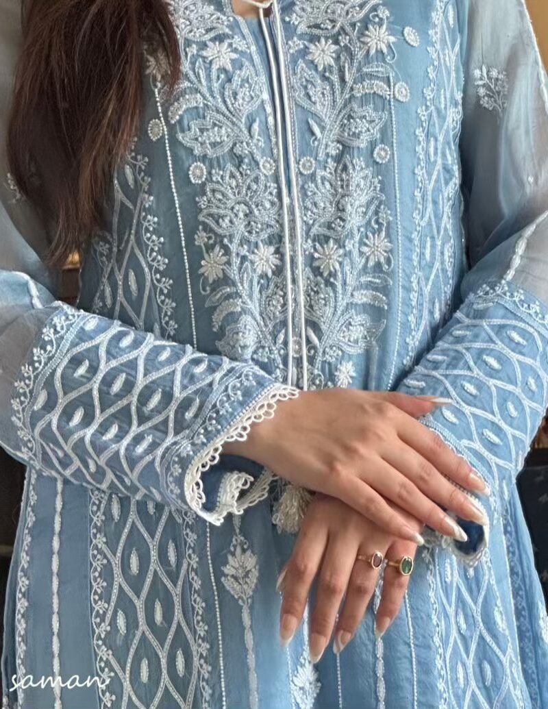 Powder Blue Shade Noor Organza Chikankari Anarkali With Dupatta