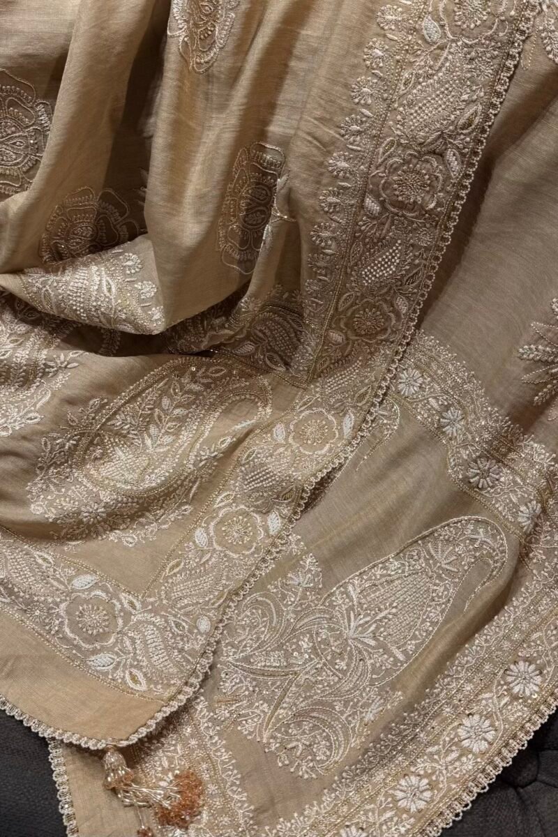 Natural Shade Fine Chikankari Ari Tissue Silk Dupatta