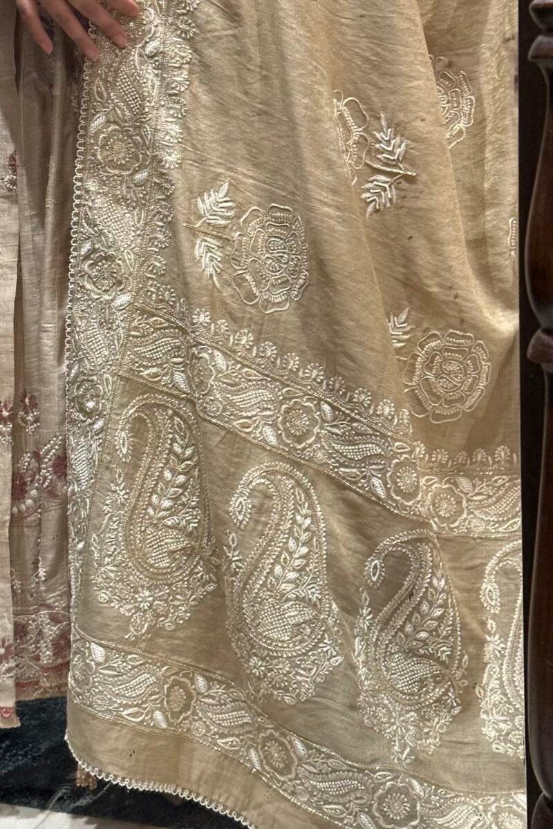 Natural Shade Fine Chikankari Ari Tissue Silk Dupatta