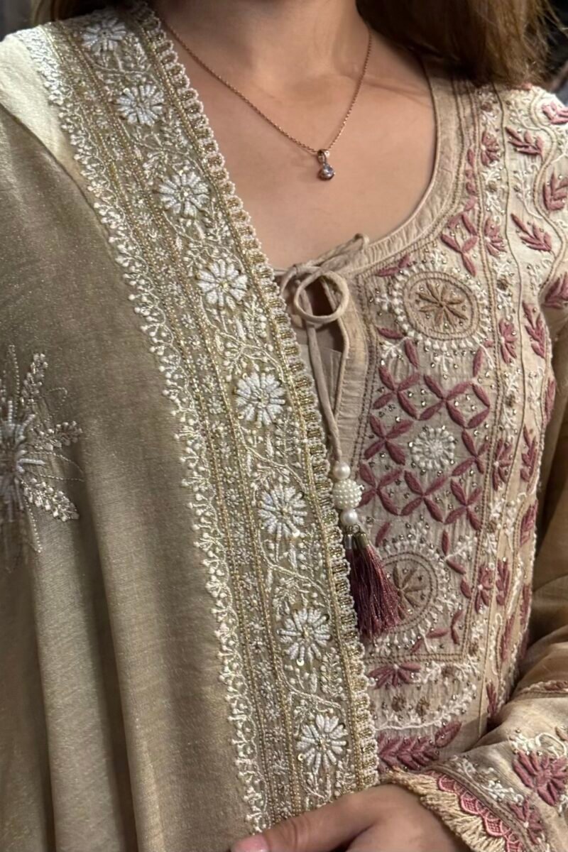 Natural Shade Fine Chikankari Ari Tissue Silk Dupatta