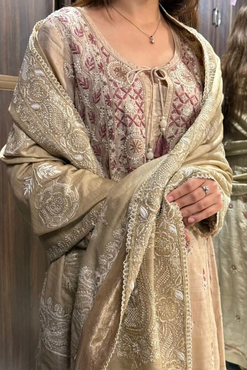 Natural Shade Fine Chikankari Ari Tissue Silk Dupatta