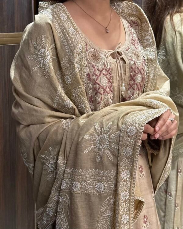 Natural Shade Fine Chikankari Ari Tissue Silk Dupatta
