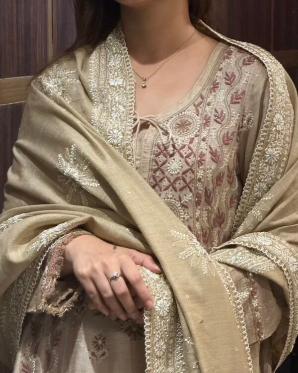 Natural Shade Fine Chikankari Ari Tissue Silk Dupatta - Image 7