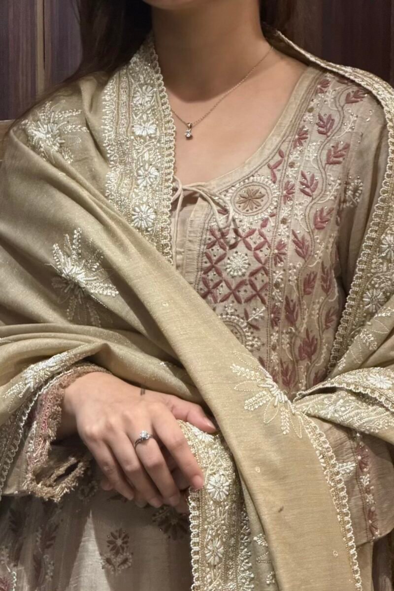 Natural Shade Fine Chikankari Ari Tissue Silk Dupatta