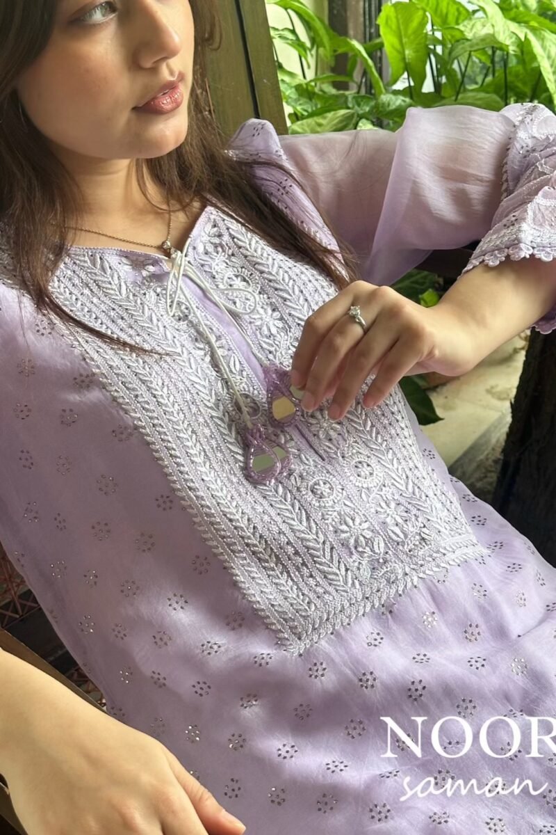 Lavender Mukaish Kamdani Noor Organza Chikankari Kurta Set