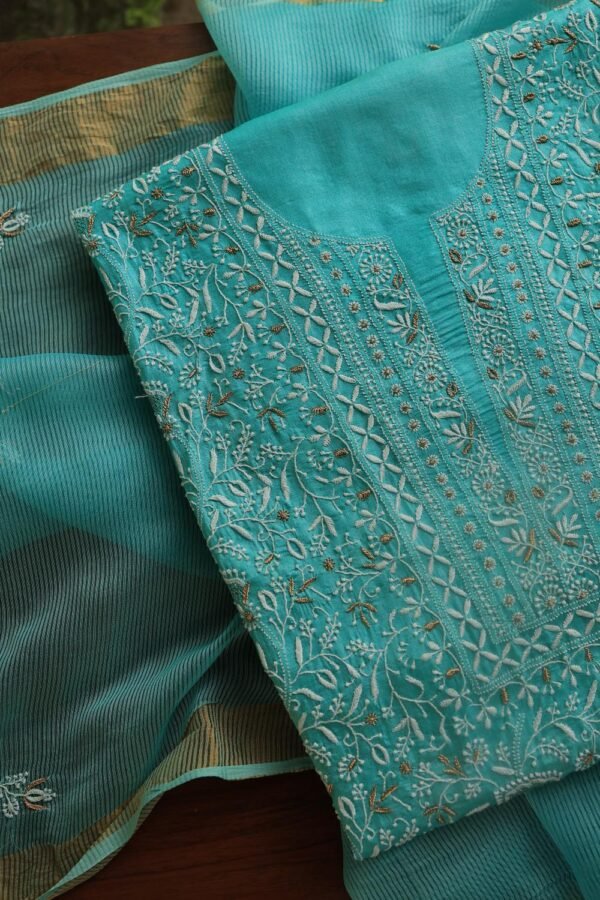 Green Paper Tussar Resham Chikankari Unstitched Kurta Dupatta Set - Image 7
