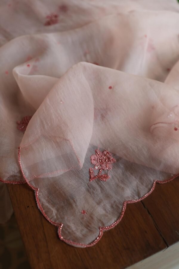 Baby Pink Noor Organza Silk Chikankari Unstitched Kurta Dupatta Set - Image 14