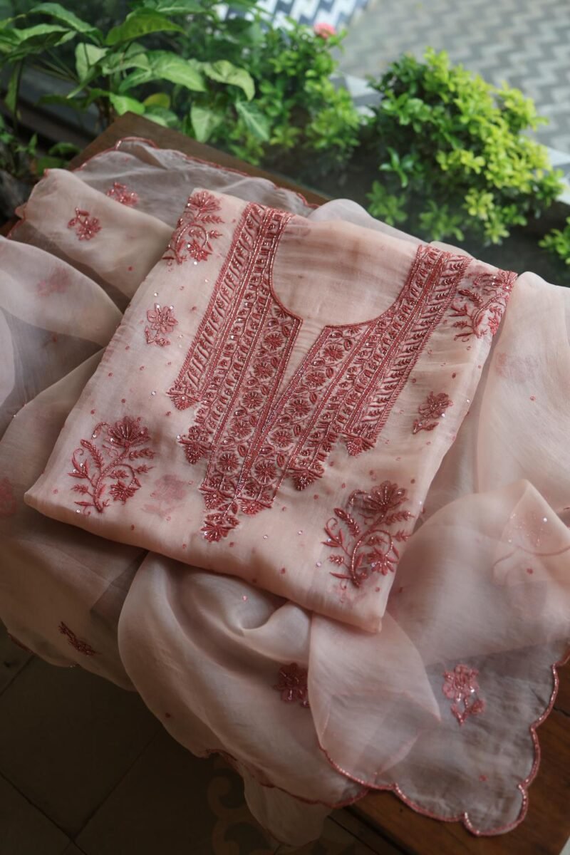 Baby Pink Noor Organza Silk Chikankari Unstitched Kurta Dupatta Set