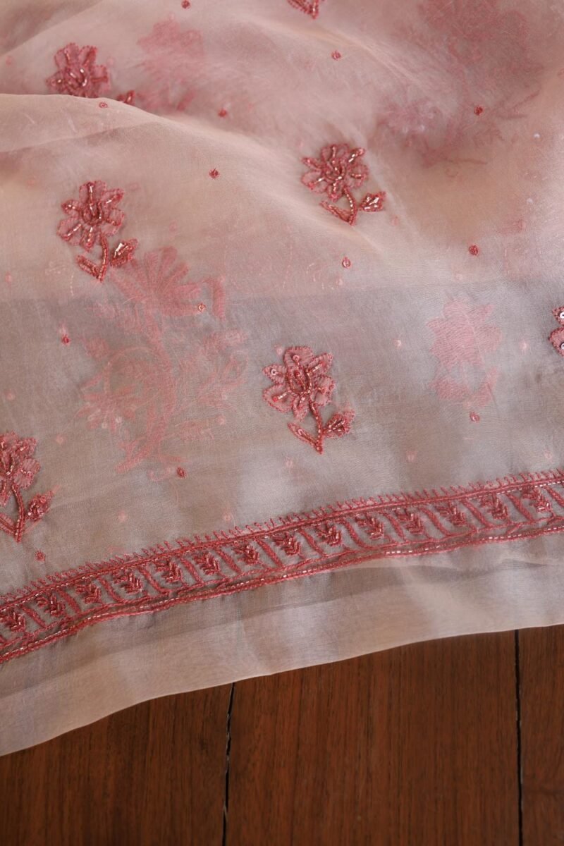 Baby Pink Noor Organza Silk Chikankari Unstitched Kurta Dupatta Set