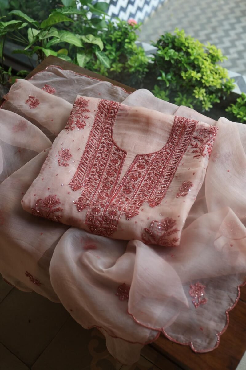Baby Pink Noor Organza Silk Chikankari Unstitched Kurta Dupatta Set