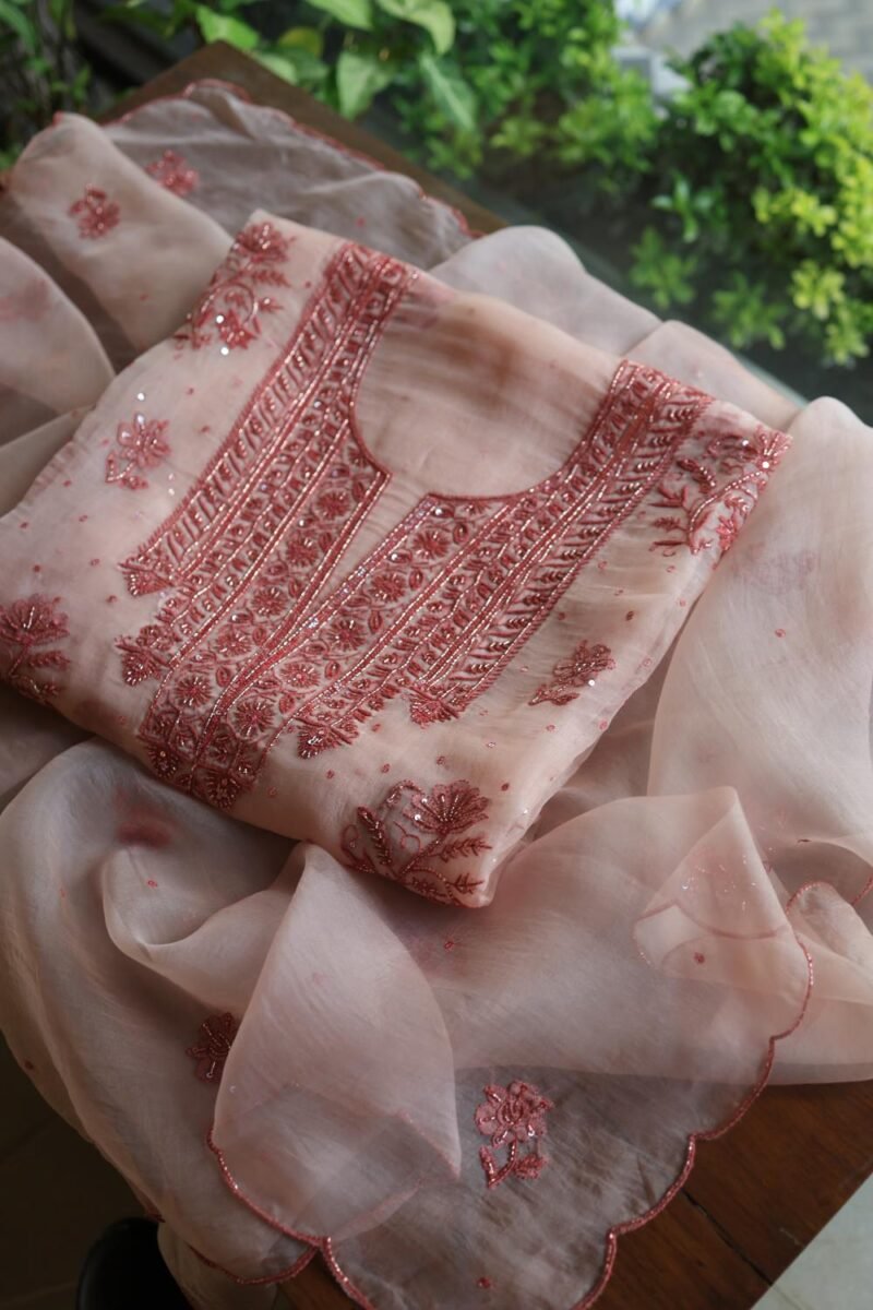 Baby Pink Noor Organza Silk Chikankari Unstitched Kurta Dupatta Set
