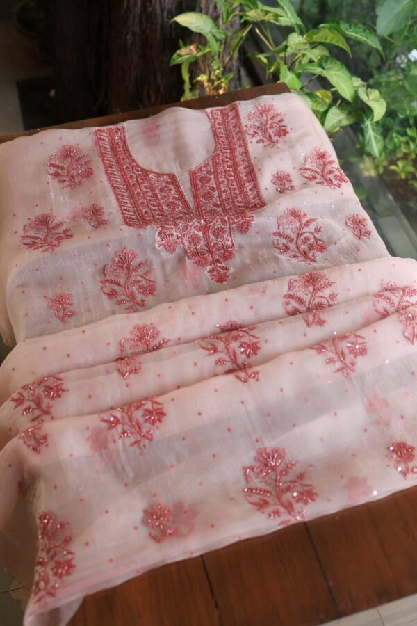 Baby Pink Noor Organza Silk Chikankari Unstitched Kurta Dupatta Set - Image 8