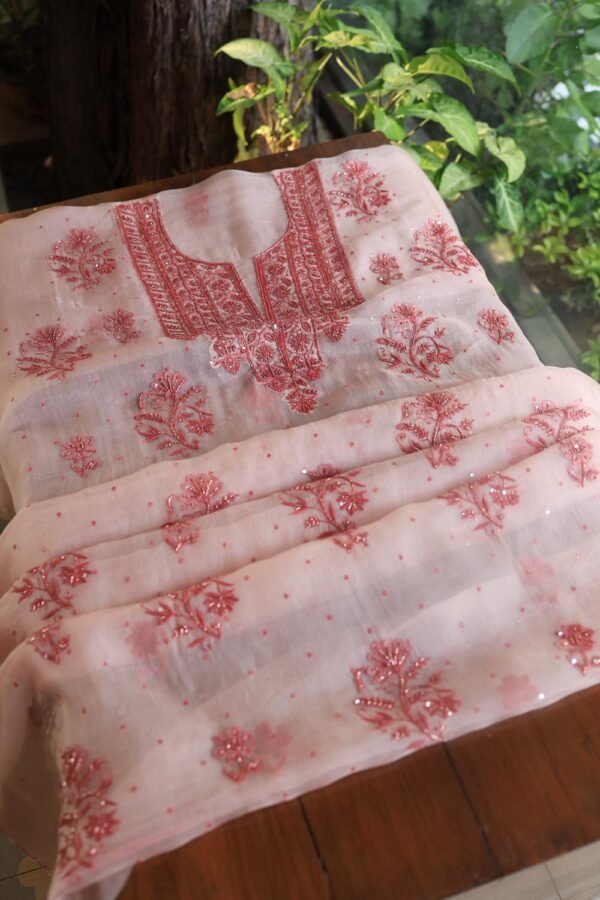 Baby Pink Noor Organza Silk Chikankari Unstitched Kurta Dupatta Set - Image 9