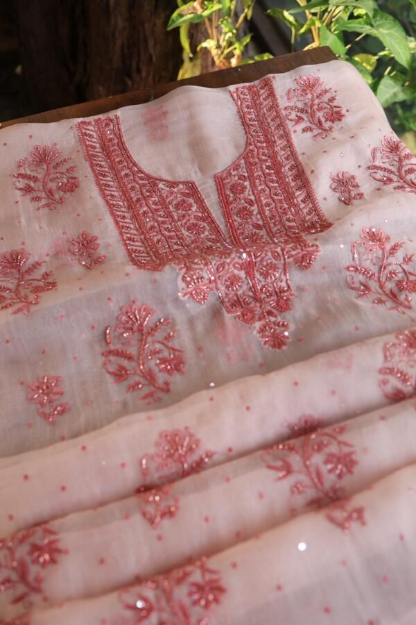 Baby Pink Noor Organza Silk Chikankari Unstitched Kurta Dupatta Set - Image 11