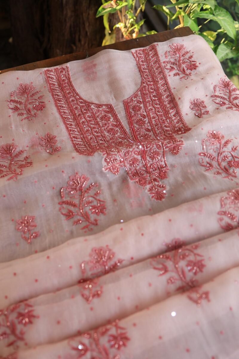 Baby Pink Noor Organza Silk Chikankari Unstitched Kurta Dupatta Set