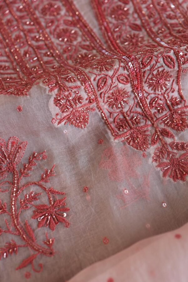 Baby Pink Noor Organza Silk Chikankari Unstitched Kurta Dupatta Set - Image 12
