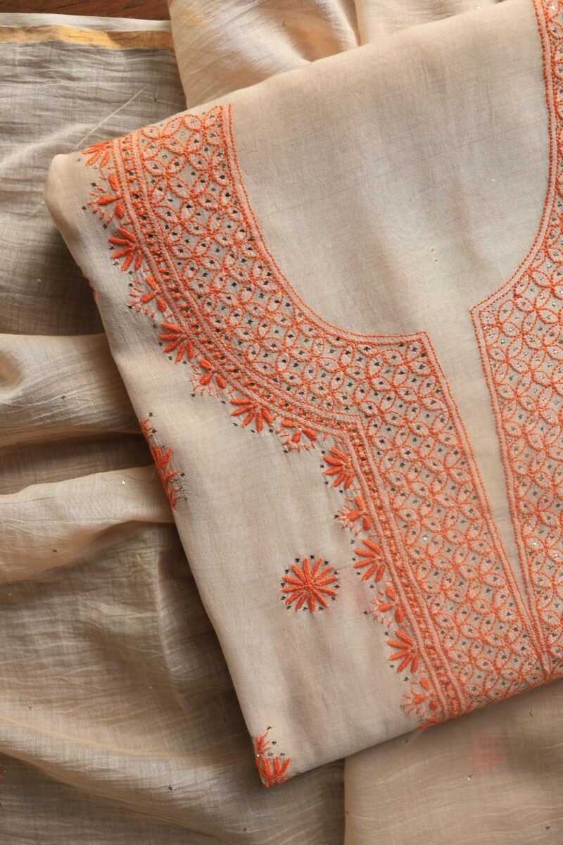 Beige Mal Chanderi Chikankari Unstitched Kurta Dupatta Fabrics With Kamdani