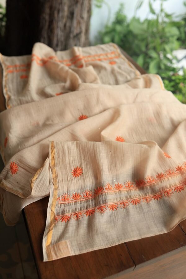 Beige Mal Chanderi Chikankari Unstitched Kurta Dupatta Fabrics With Kamdani - Image 10