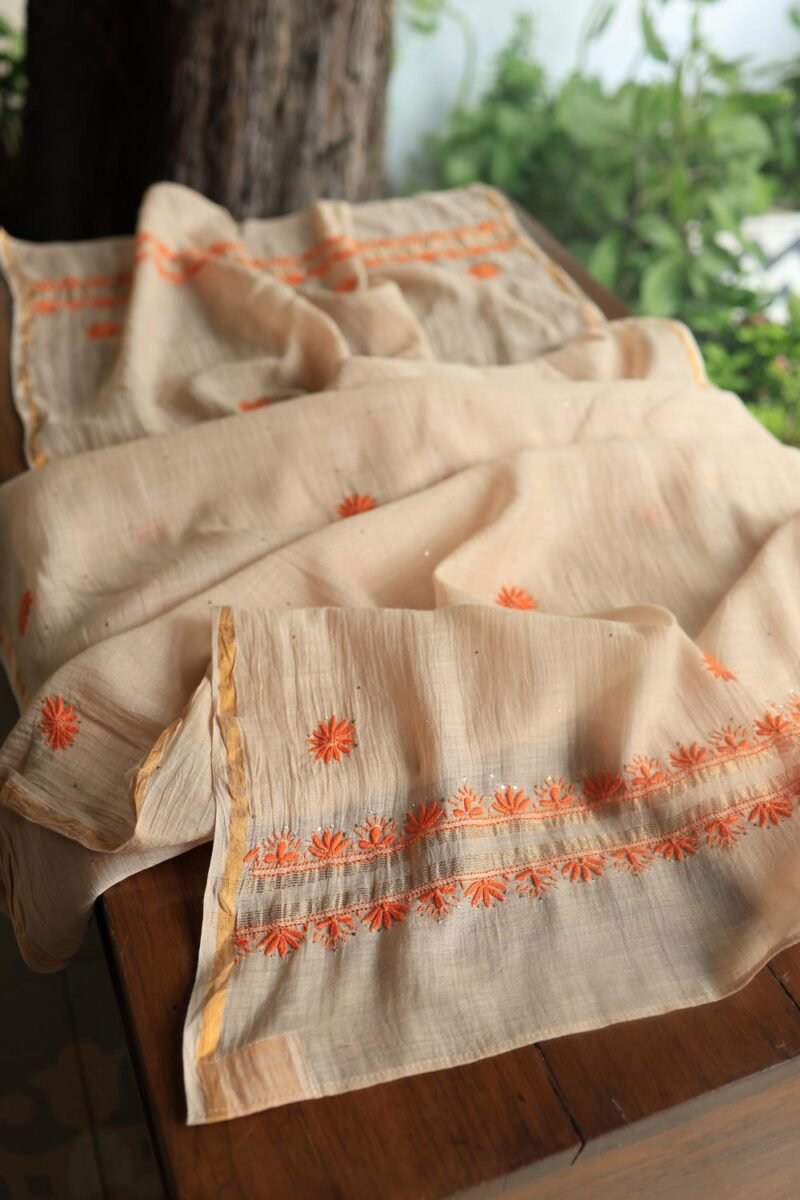 Beige Mal Chanderi Chikankari Unstitched Kurta Dupatta Fabrics With Kamdani