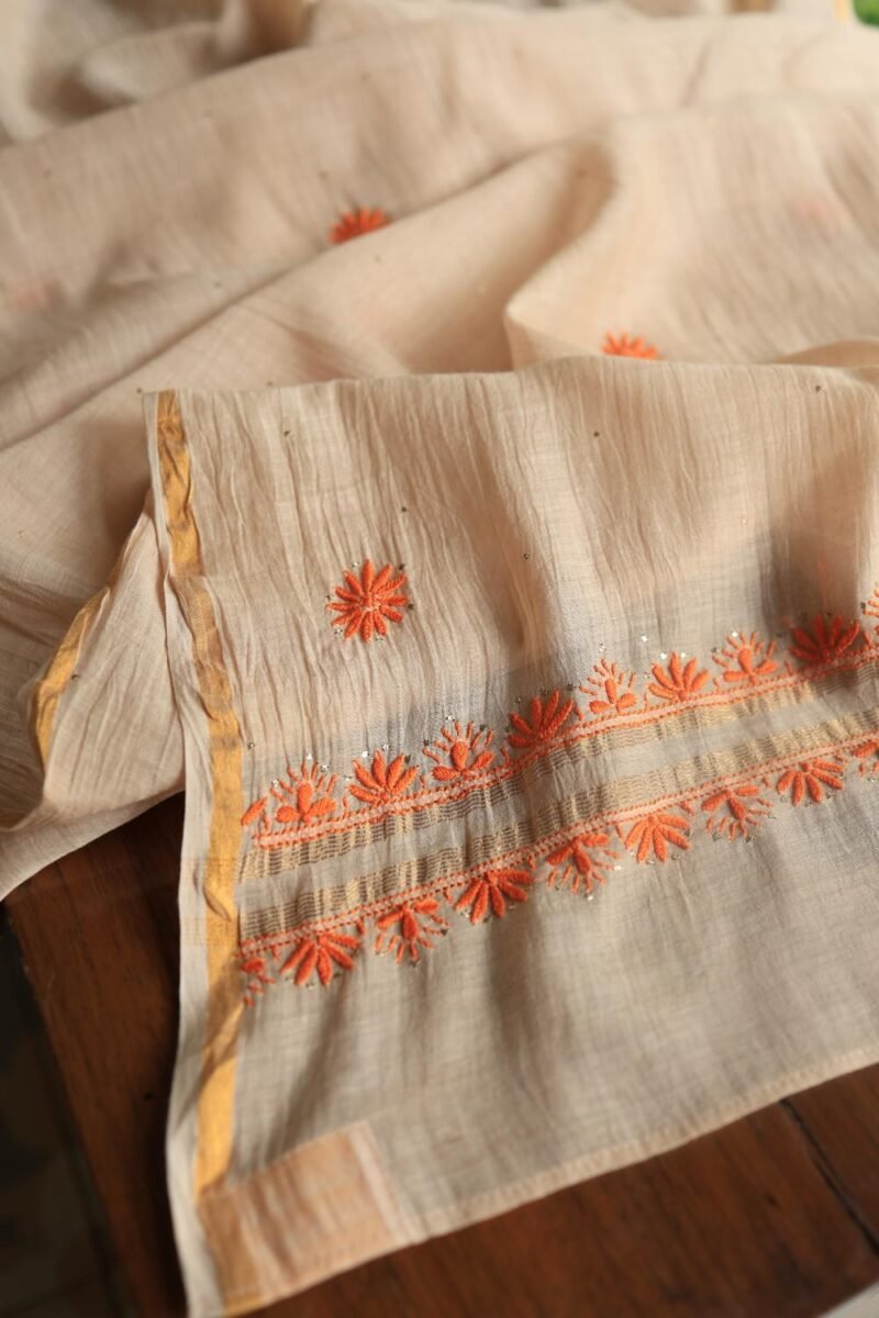 Beige Mal Chanderi Chikankari Unstitched Kurta Dupatta Fabrics With Kamdani