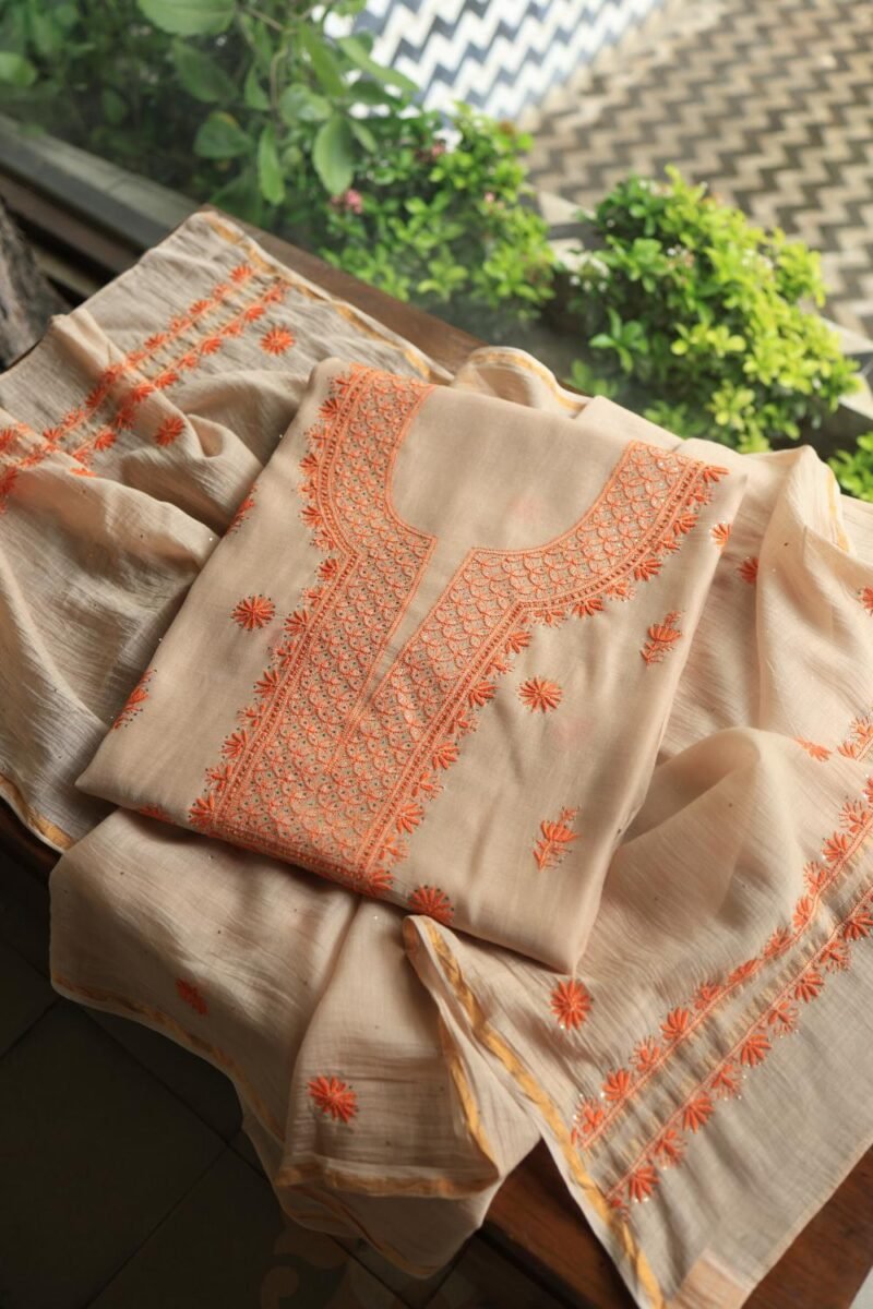 Beige Mal Chanderi Chikankari Unstitched Kurta Dupatta Fabrics With Kamdani