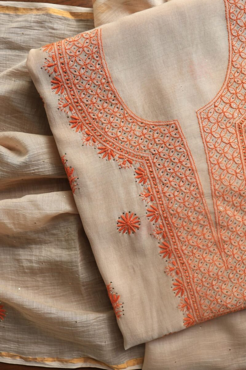 Beige Mal Chanderi Chikankari Unstitched Kurta Dupatta Fabrics With Kamdani