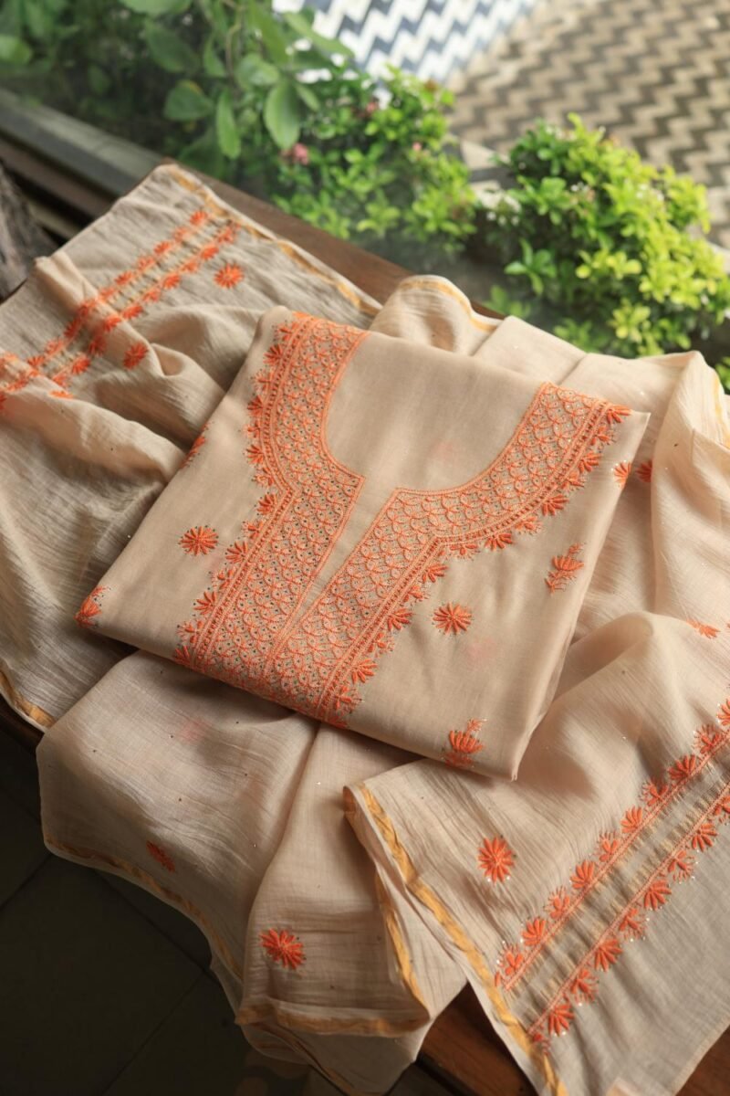 Beige Mal Chanderi Chikankari Unstitched Kurta Dupatta Fabrics With Kamdani