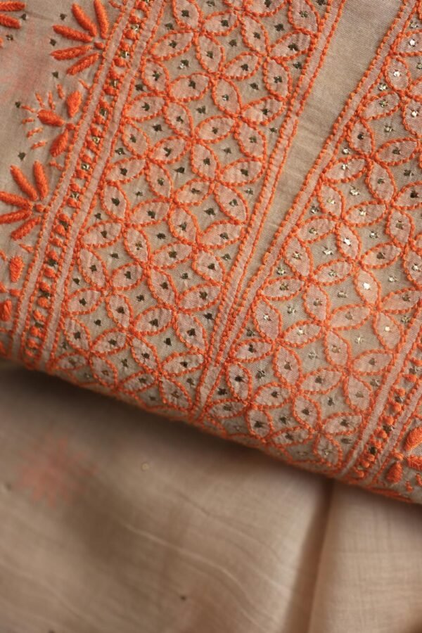 Beige Mal Chanderi Chikankari Unstitched Kurta Dupatta Fabrics With Kamdani - Image 2