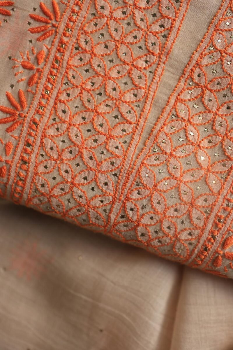 Beige Mal Chanderi Chikankari Unstitched Kurta Dupatta Fabrics With Kamdani