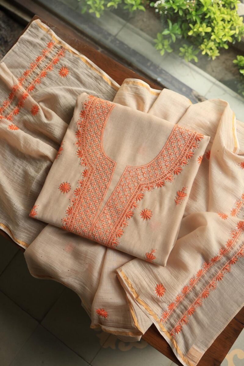 Beige Mal Chanderi Chikankari Unstitched Kurta Dupatta Fabrics With Kamdani