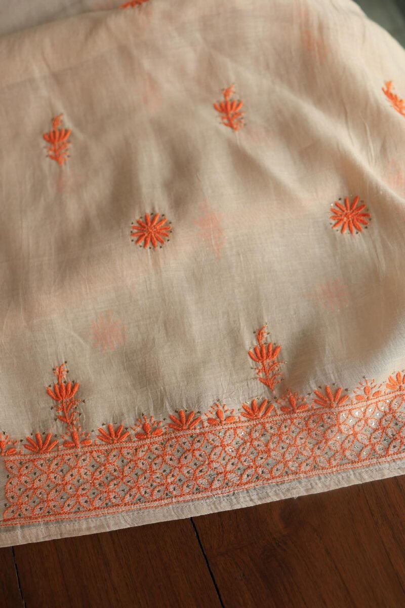 Beige Mal Chanderi Chikankari Unstitched Kurta Dupatta Fabrics With Kamdani