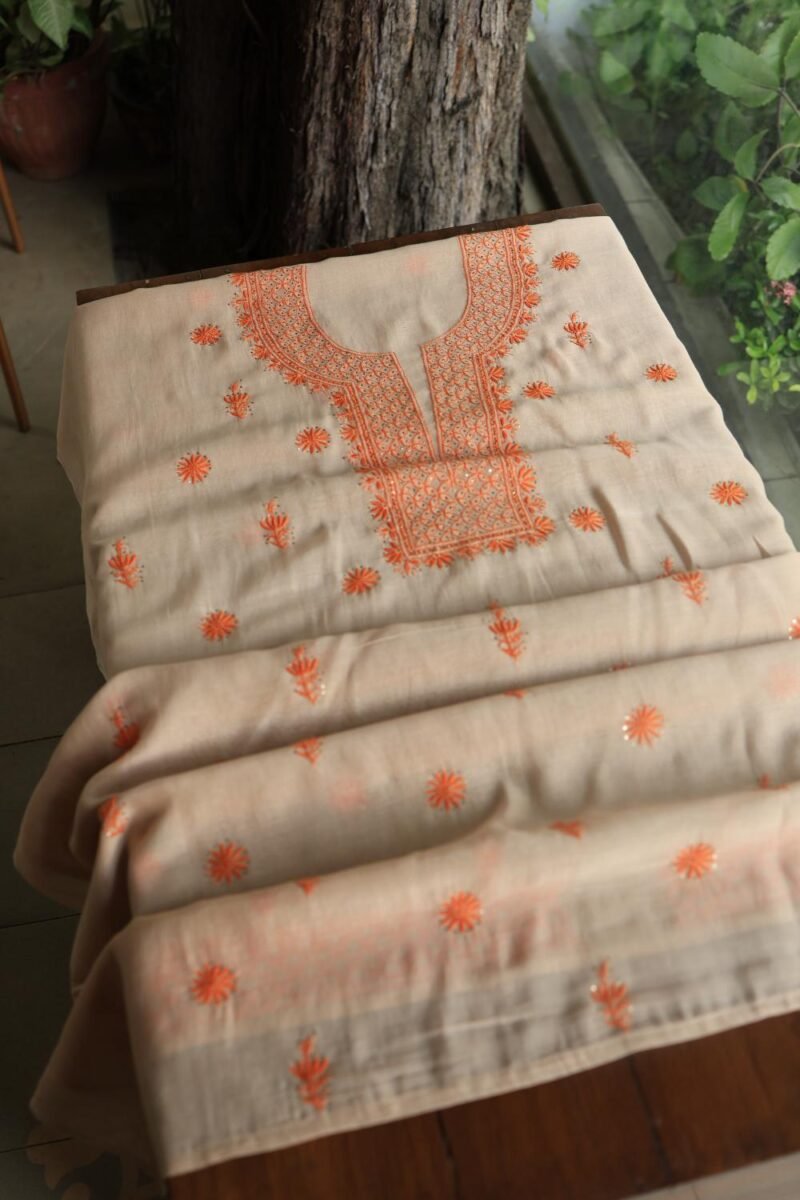 Beige Mal Chanderi Chikankari Unstitched Kurta Dupatta Fabrics With Kamdani