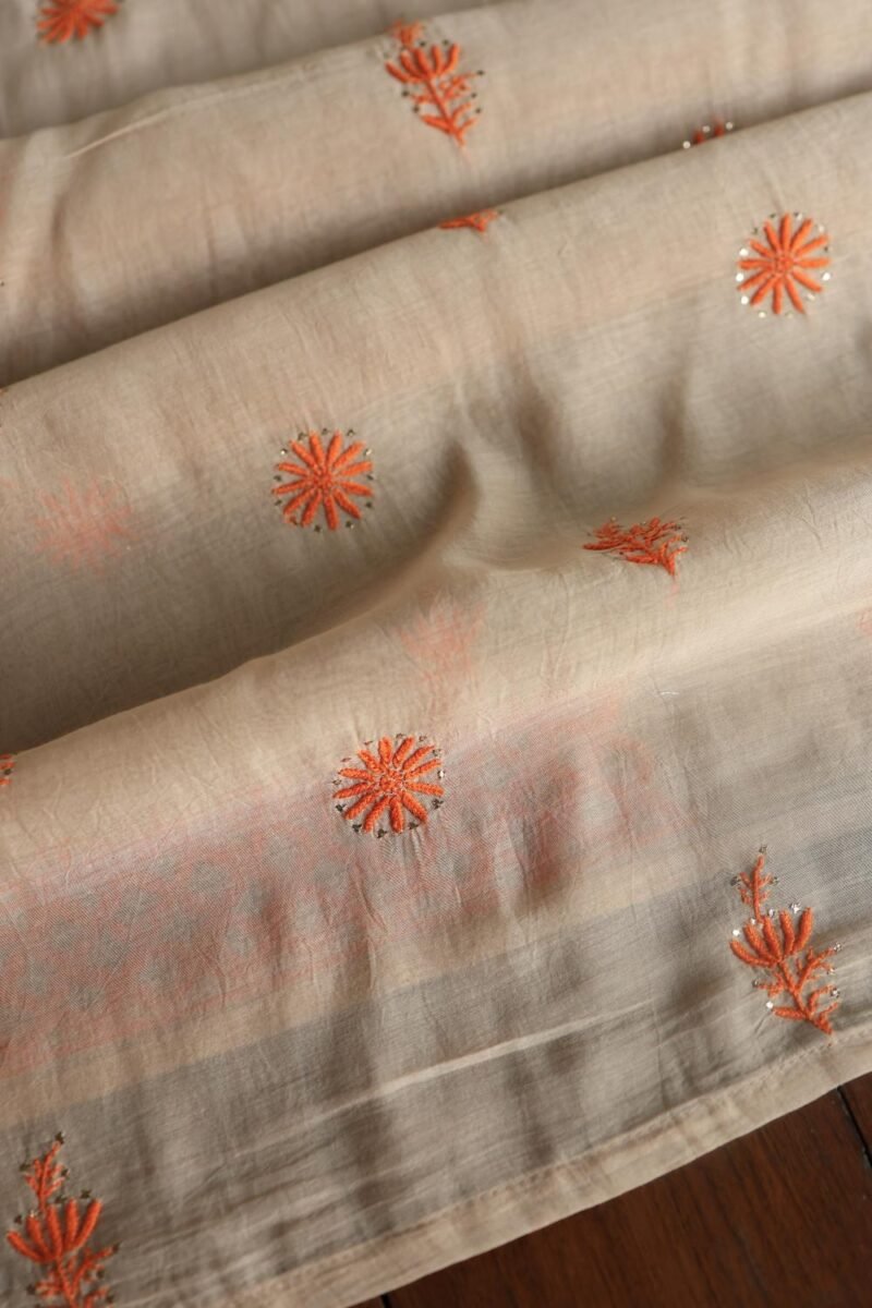 Beige Mal Chanderi Chikankari Unstitched Kurta Dupatta Fabrics With Kamdani