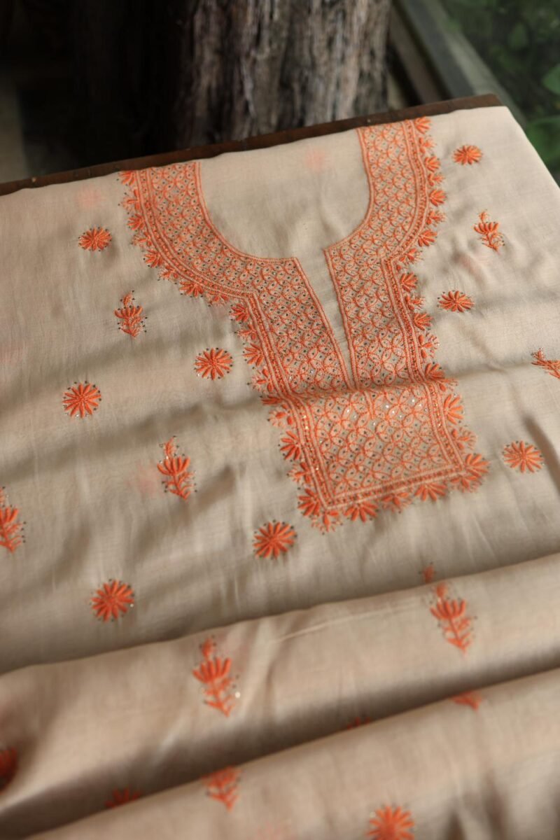 Beige Mal Chanderi Chikankari Unstitched Kurta Dupatta Fabrics With Kamdani