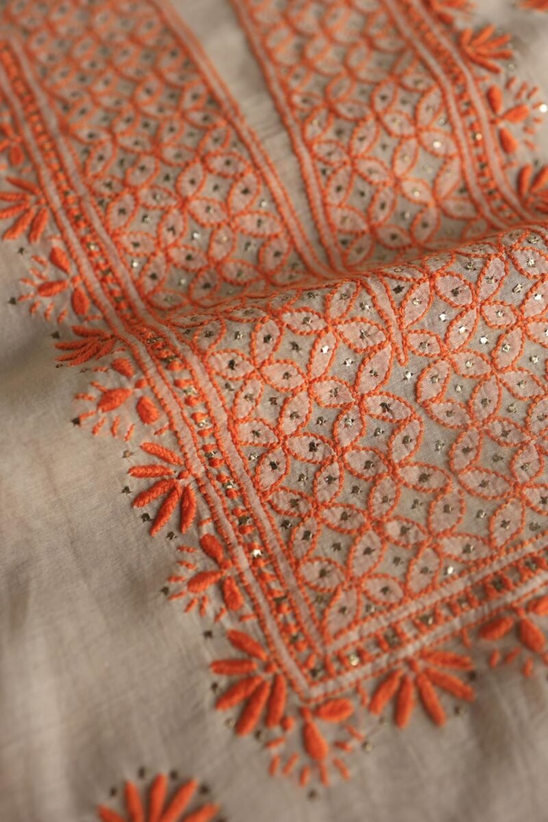 Beige Mal Chanderi Chikankari Unstitched Kurta Dupatta Fabrics With Kamdani