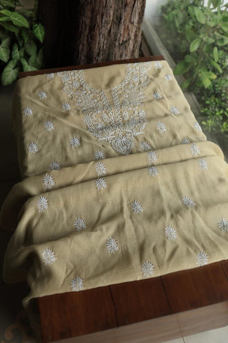 Beige Mal Cotton Chikankari Unstitched Kurta Dupatta Fabrics With Kamdani