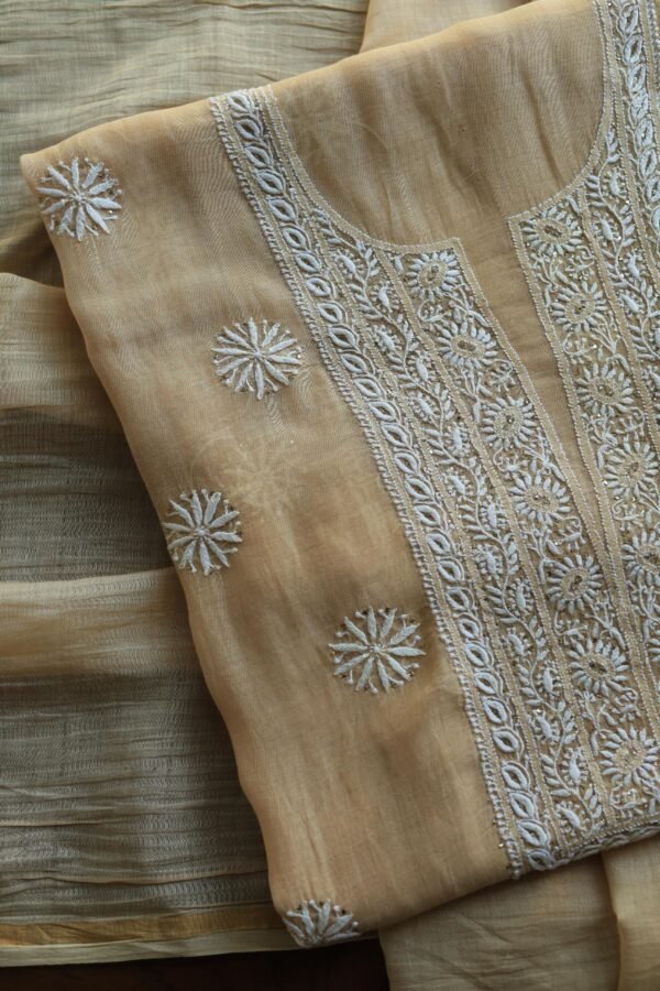 Beige Mal Cotton Chikankari Unstitched Kurta Dupatta Fabrics With Kamdani - Image 2